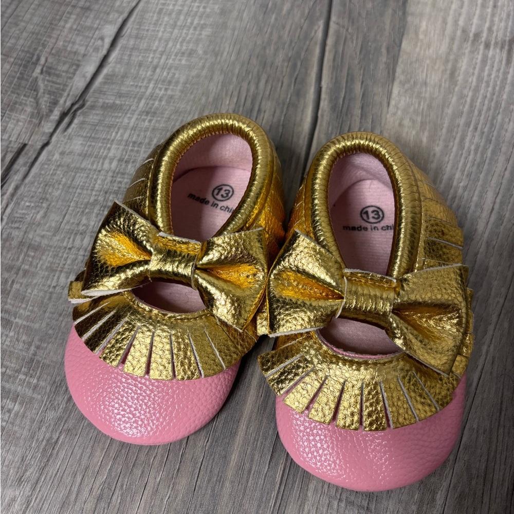 Gold and Pink Kids Shoes with Bow
